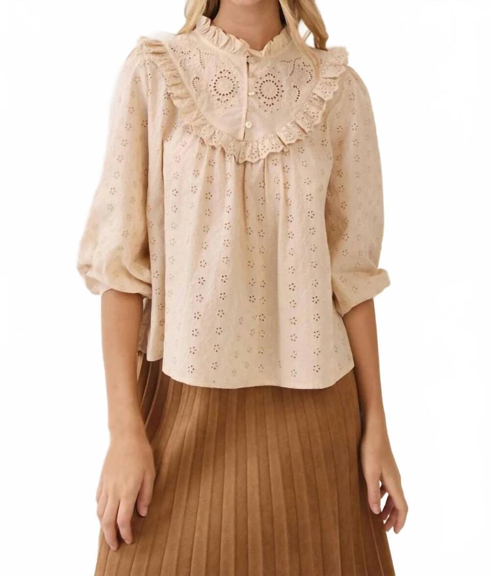 NEW CURDS & WHEY carla eyelet high ruffle blouse in wheat